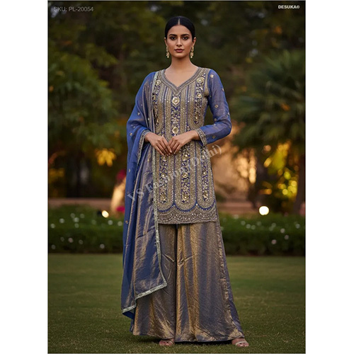Royal Fendi Silk Palazzo Suit with Intricate Zardosi & Scalloped Hem