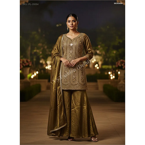 Royal Fendi Silk Palazzo Suit with Intricate Zardosi & Scalloped Hem