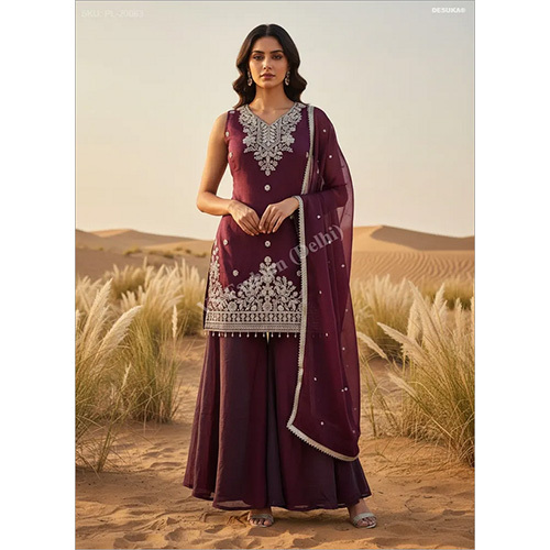 Royal Fendi Silk Palazzo Suit With Intricate Aari Embroidery And Pearl Latkan Accents