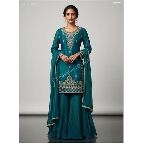Elegant Fendi Luxe Silk Straight Suit with Intricate Zari Embellishment and Flared Palazzos