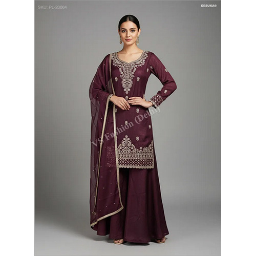 Elegant Fendi Luxe Silk Straight Suit with Intricate Zari Embellishment and Flared Palazzos