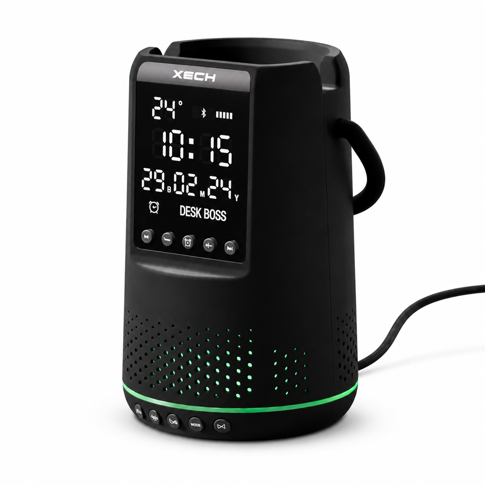 Desk Boss wireless speaker with a clock display