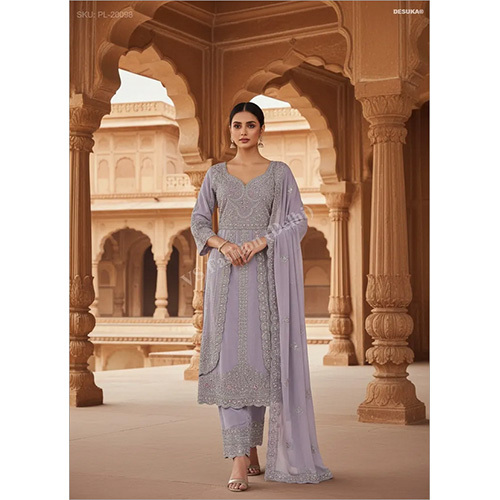 Premium Georgette Front-Slit Palazzo Suit with Heavy Resham And Sequin Embroidery