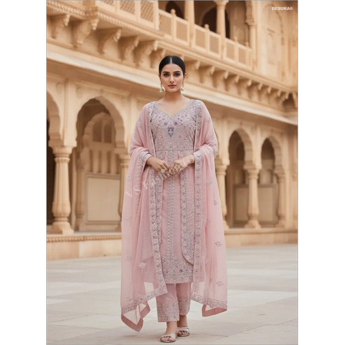 Premium Georgette Front-Slit Palazzo Suit with Heavy Resham And Sequin Embroidery