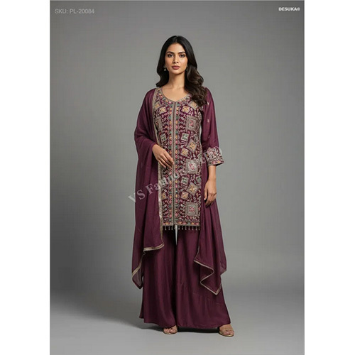 Royal Chinon Chiffon Front-slit Palazzo Suit With Intricate Resham And Zari Work