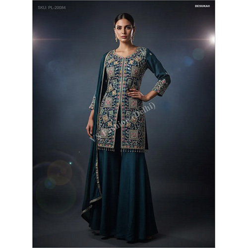 Royal Chinon Chiffon Front-slit Palazzo Suit With Intricate Resham And Zari Work