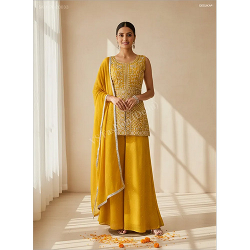 Star Georgette Kurti with Wide-Leg Palazzo And Resham Embroidery