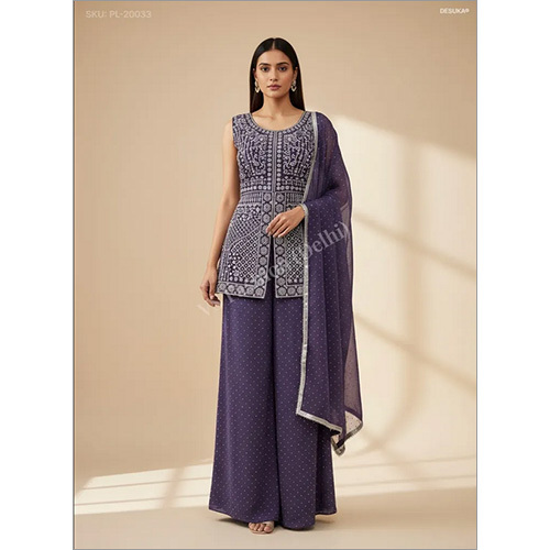 Star Georgette Kurti with Wide-Leg Palazzo And Resham Embroidery