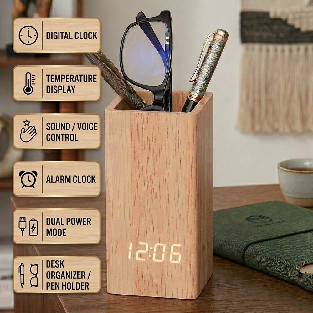Multi-functional Wooden Pen Holder with Digital LED Clock & Temperature Display