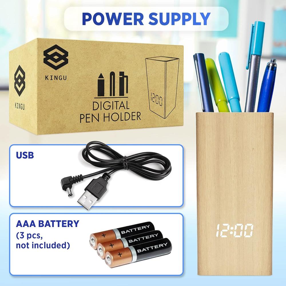 Multi-functional Wooden Pen Holder with Digital LED Clock & Temperature Display