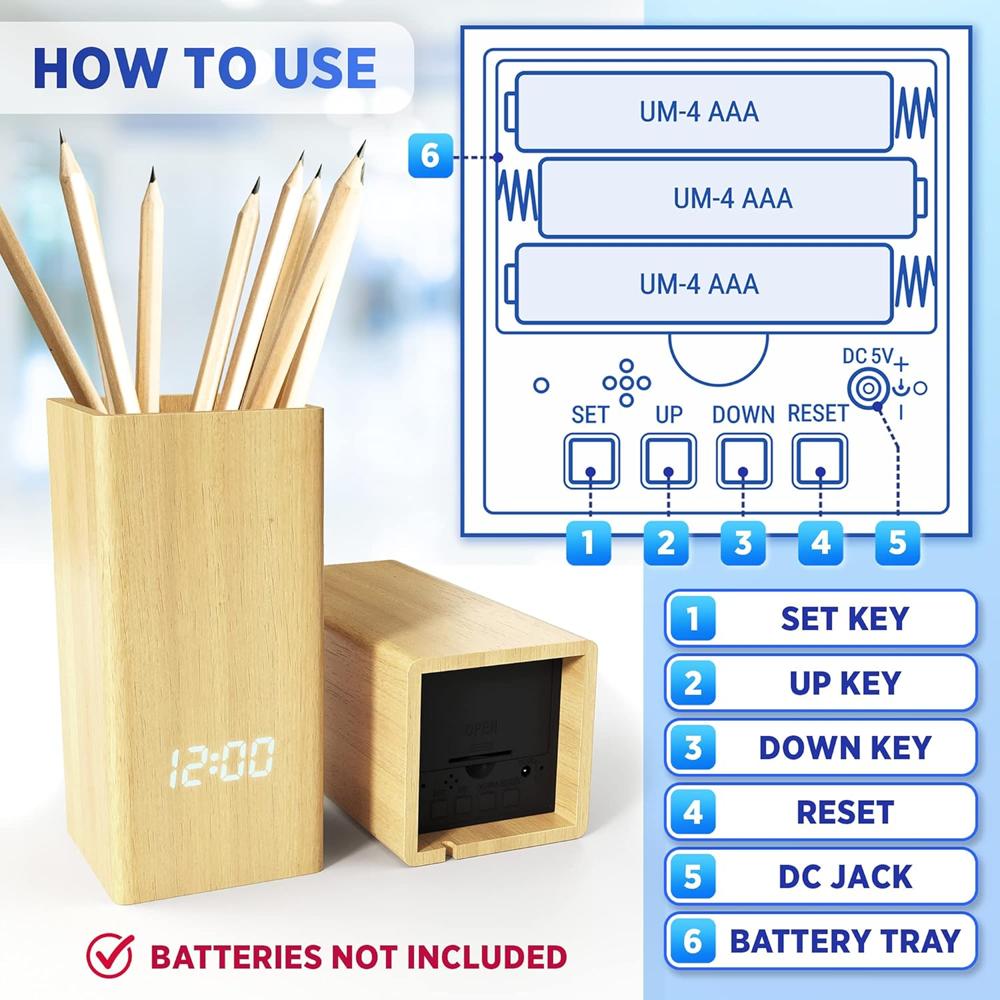 Multi-functional Wooden Pen Holder with Digital LED Clock & Temperature Display