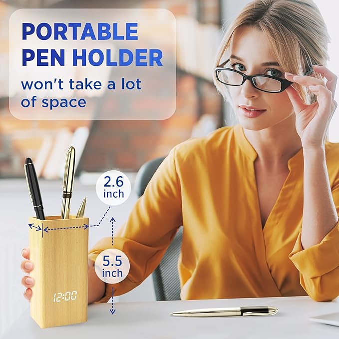 Multi-functional Wooden Pen Holder with Digital LED Clock & Temperature Display
