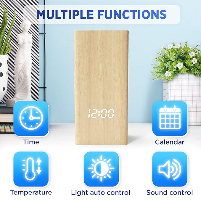 Multi-functional Wooden Pen Holder with Digital LED Clock & Temperature Display