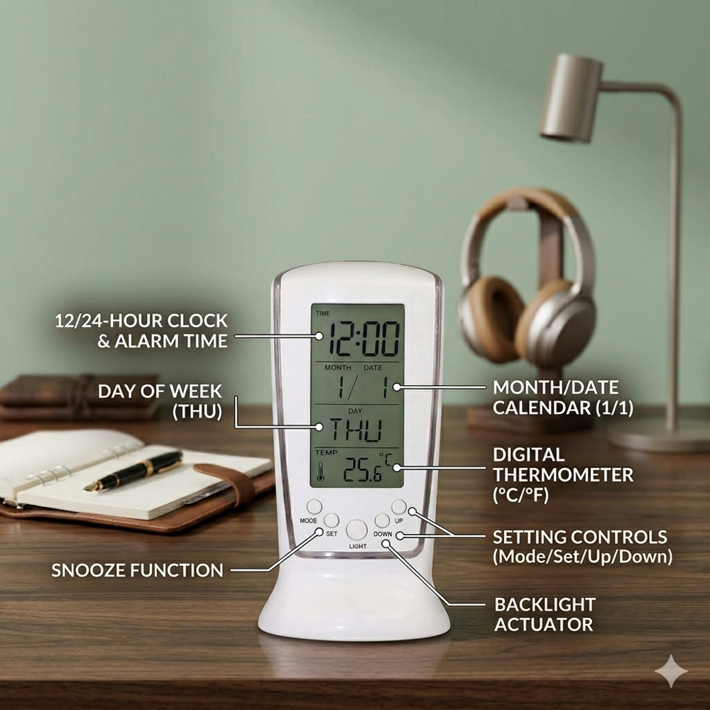 Multi-function Digital Lcd Alarm Clock With Calendar, Thermometer & Backlight - Battery Capacity: Aaa Battery Operated Milliampere-hour (Mah)