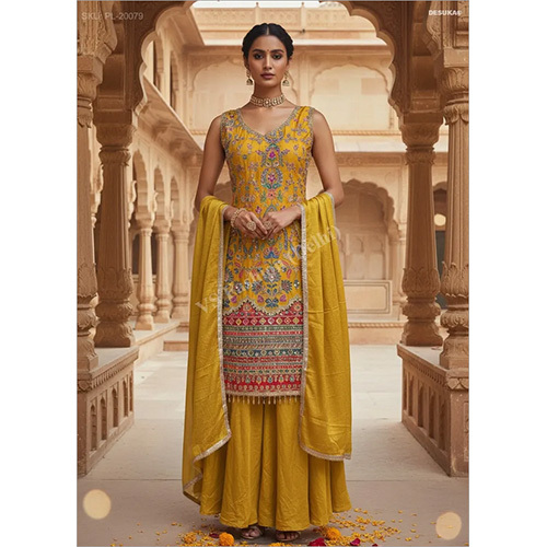 Royal Chinon Silk Palazzo Suit With Floral Jaal And Mirror Work