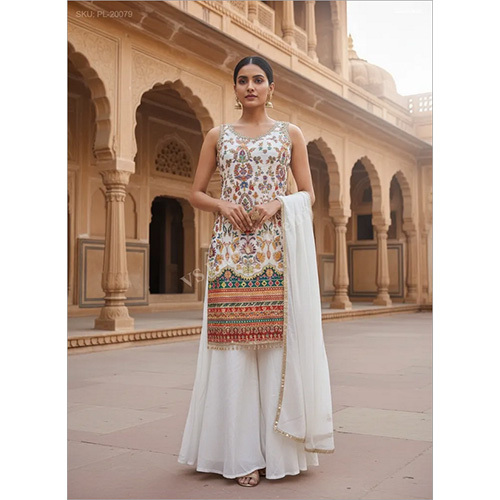Royal Chinon Silk Palazzo Suit With Floral Jaal And Mirror Work