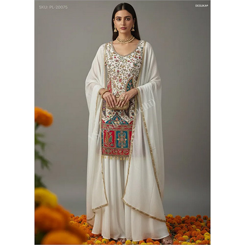 Heavily Embellished Chinon Chiffon Palazzo Suit Set