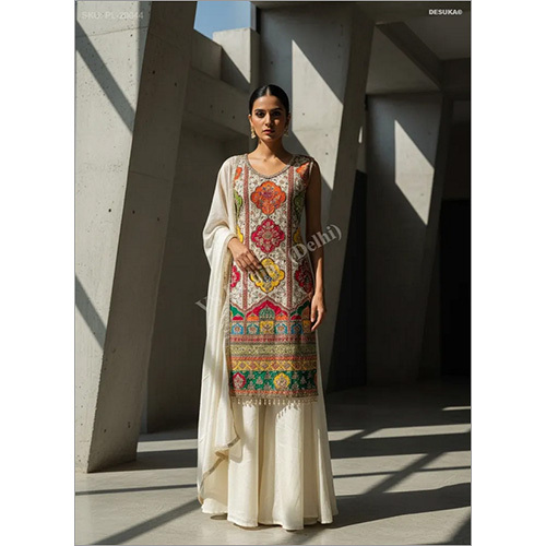 Pure Chinon Silk Designer Palazzo Suit with Position Print and Mirror Work