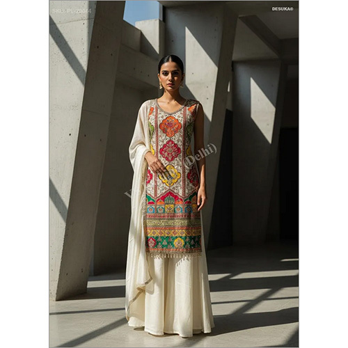 Pure Chinon Silk Designer Palazzo Suit with Position Print and Mirror Work