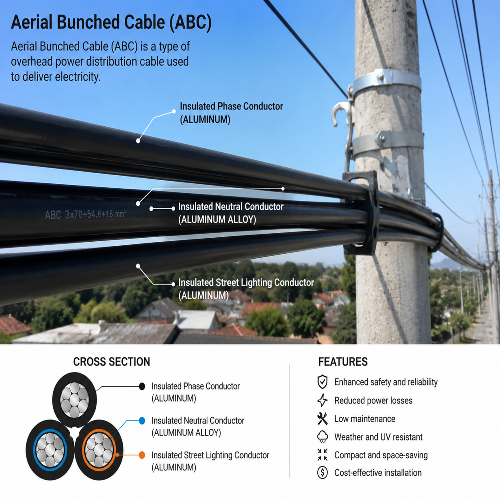 Aerial Bunched Cable - Aluminium Alloy 16-120 Sq.mm, Black, Xlpe Insulation | Uv Resistant, Fire Retardant, Galvanized Steel Messenger Wire, 4 Kn Tensile Strength, 12 Kv Surge Capacity