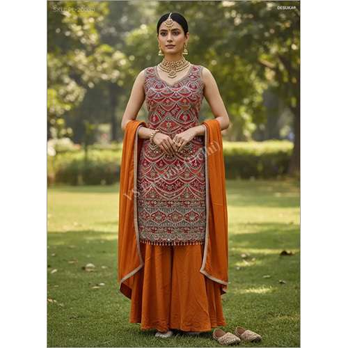 Designer Pure Chinon Silk Palazzo Suit with Scalloped Jal and Position Print