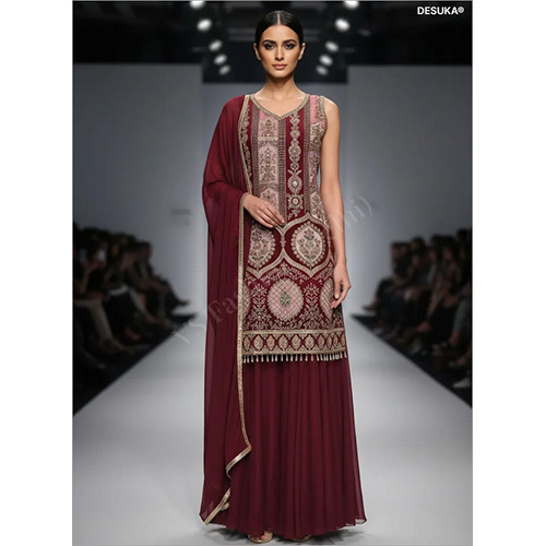 Designer Chinnon Chiffon Palazzo Suit with Position Print and Pearl Latkans