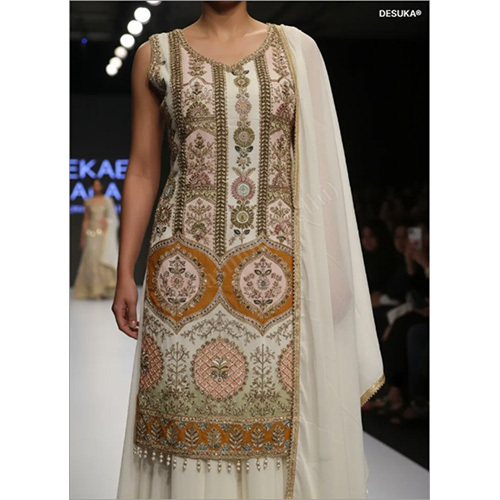 Designer Chinnon Chiffon Palazzo Suit with Position Print and Pearl Latkans