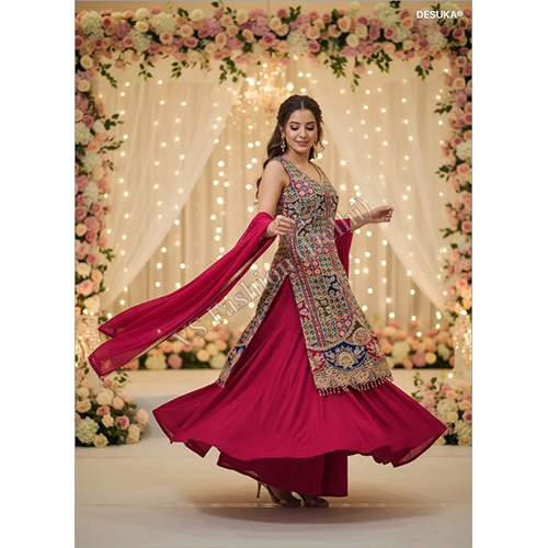 Premium Chinon Silk Embroidered Palazzo Suit Set with Mosaic Patchwork