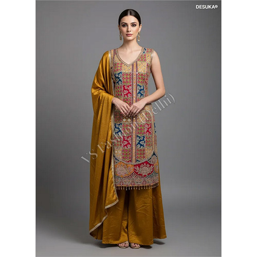 Premium Chinon Silk Embroidered Palazzo Suit Set with Mosaic Patchwork