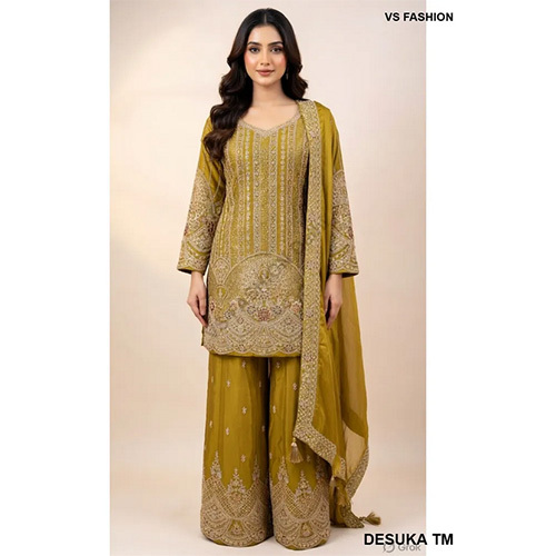 Premium Chinon Chiffon Palazzo Suit with Heavy Zari and Sequin Embroidery1