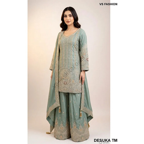 Premium Chinon Chiffon Palazzo Suit with Heavy Zari and Sequin Embroidery1