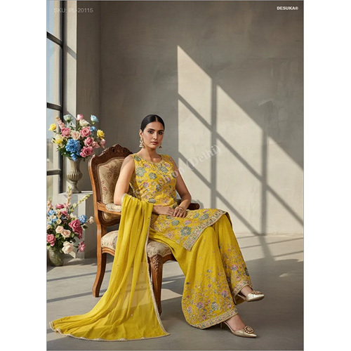 Exquisite Floral Embroidered Georgette Palazzo Suit Set