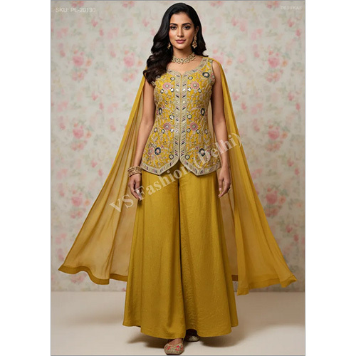 Festive Heavy Embroidered Chinon Chiffon Palazzo Suit with Cape Style Dupatta