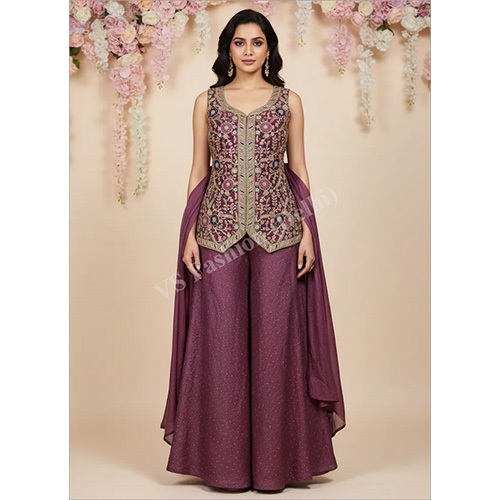 Festive Heavy Embroidered Chinon Chiffon Palazzo Suit with Cape Style Dupatta