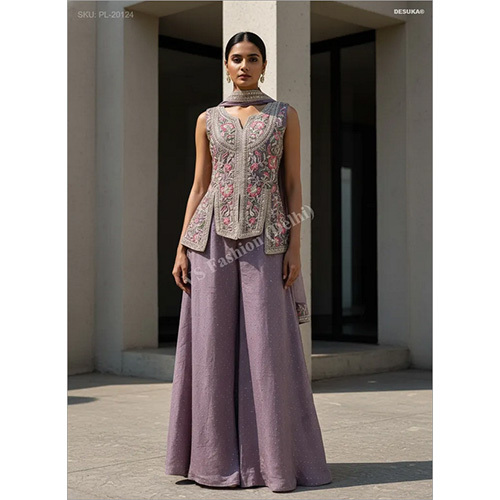 Premium Chinon Chiffon Palazzo Suit with Intricate Zari and Resham Embroidery
