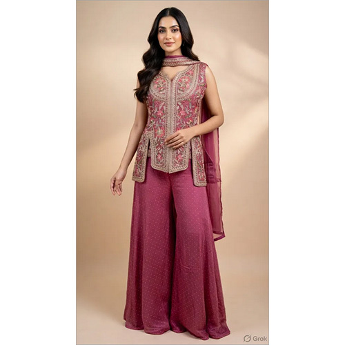 Premium Chinon Chiffon Palazzo Suit with Intricate Zari and Resham Embroidery