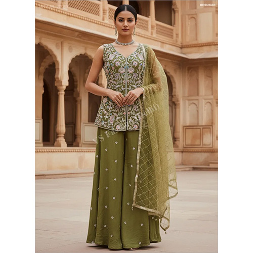 Chinon Chiffon Palazzo Suit with Intricate Resham and Sequin Floral Jaal