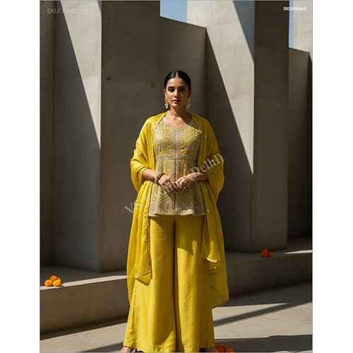 Premium Chinon Chiffon Palazzo Suit with Intricate Zari and Sequin Work