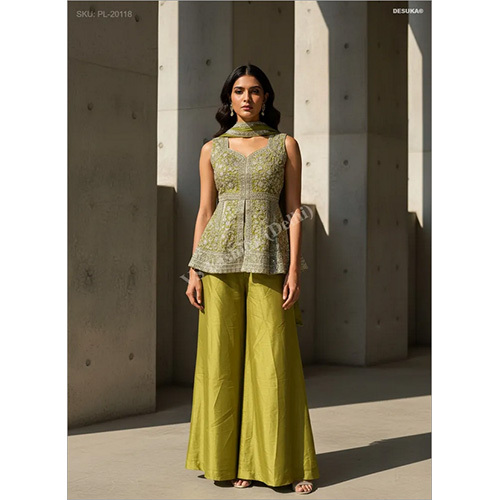 Premium Chinon Chiffon Palazzo Suit with Intricate Zari and Sequin Work