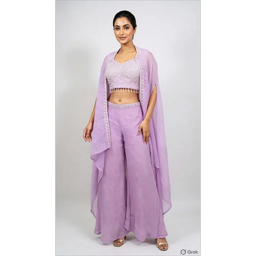 Ethereal Chinon Chiffon 3-Piece Cape Set with Hand-Embellished Pearl And Sequin Bustier