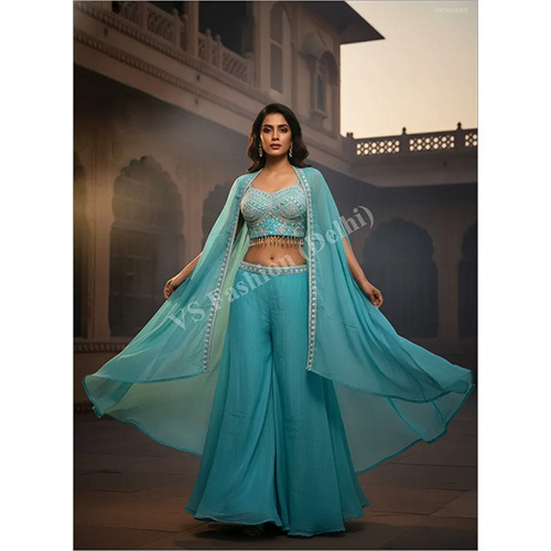 Ethereal Chinon Chiffon 3-Piece Cape Set with Hand-Embellished Pearl And Sequin Bustier