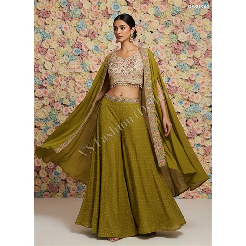 Premium Chinon Chiffon Palazzo Set with Hand-Embroidered Cape Shrug and Dori-Zurkan Work