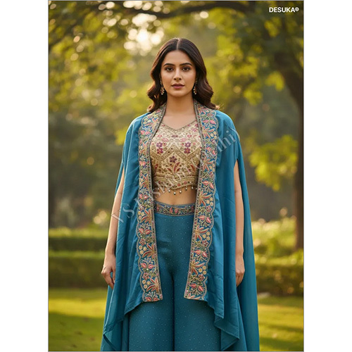 Premium Chinon Chiffon Palazzo Set with Hand-Embroidered Cape Shrug and Dori-Zurkan Work