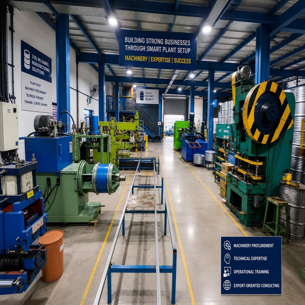 BARREL MACHINERY PROJECT - MS & HDPE, 3200x1200x2000 mm, Blue & Gray | PLC Control, Multi-Station Forming, 80 BPH, Hydraulic/Pneumatic Pressure