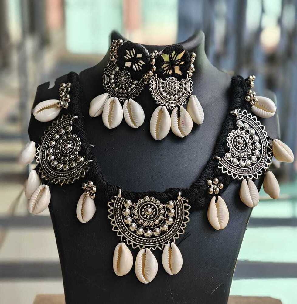 Oxidised Designed Necklace With Cowrie Shell With Matching Mirror Earrings