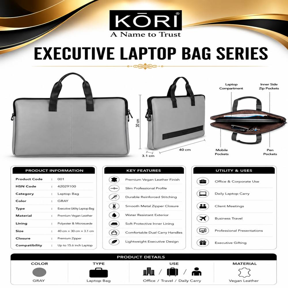 KORI Executive Slim Vegan Leather Laptop Bag(001)