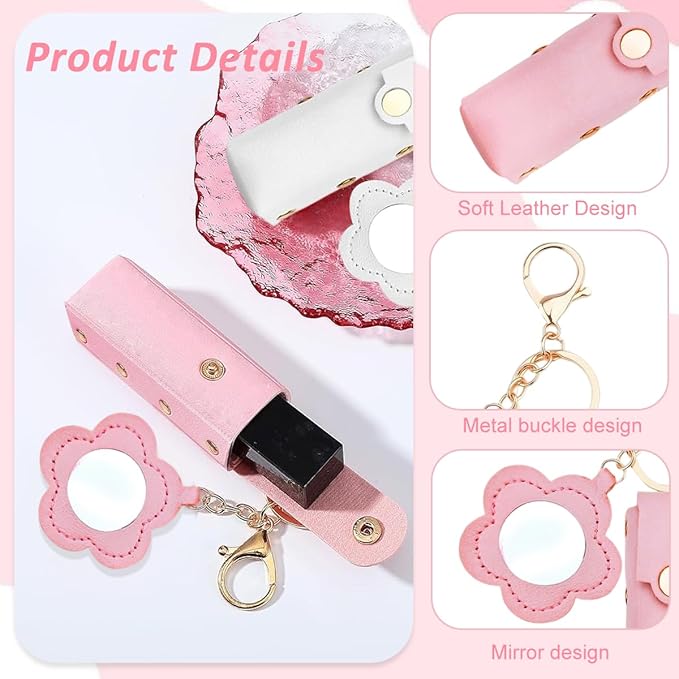 PU Leather Lipstick Balm Holder Keychain with Floral Shape Mirror
