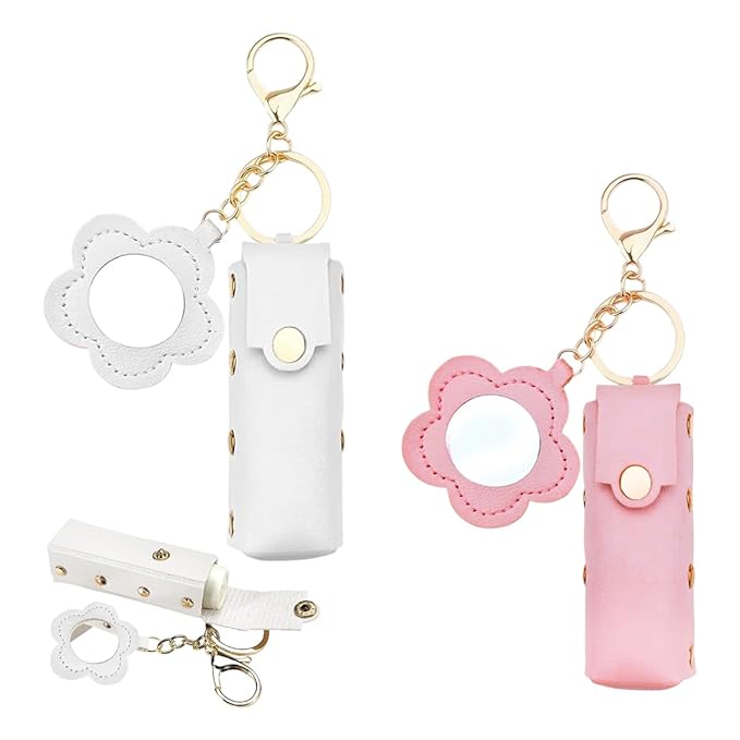 PU Leather Lipstick Balm Holder Keychain with Floral Shape Mirror