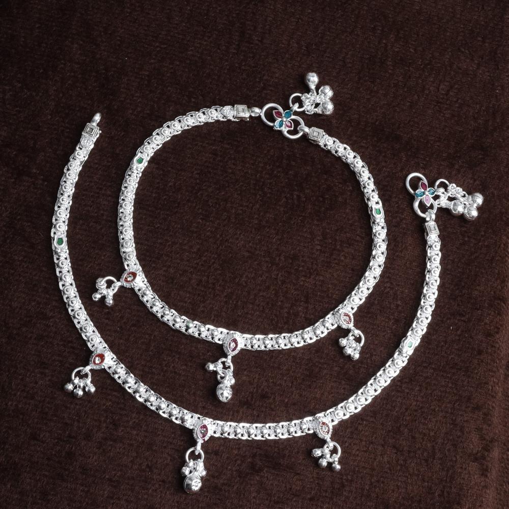 Premium German Silver White Metal Heritage Payal with Multi-Color Accents
