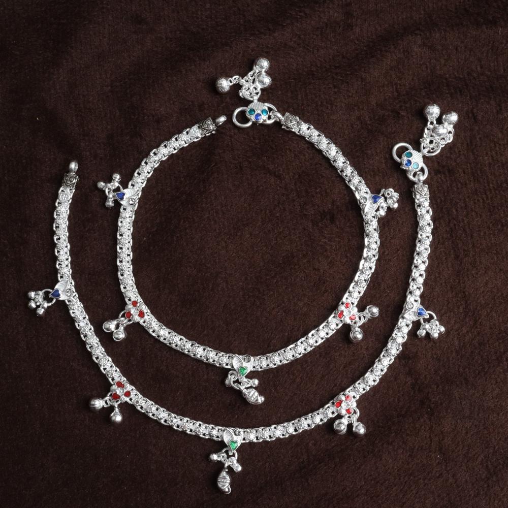 Premium German Silver White Metal Heritage Payal with Multi-Color Accents